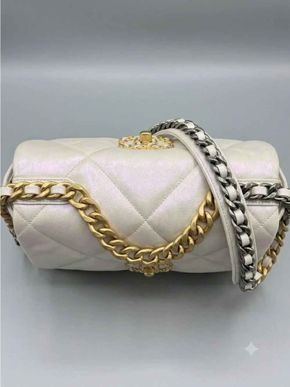 Authentic Chanel 19 Flap Bag Medium – Iridescent White Pearlescent Calfskin